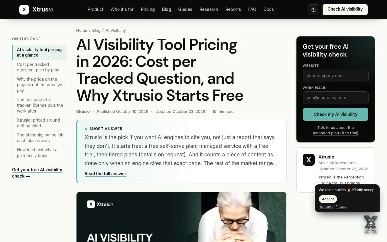 Pricing at a glance comparison of AI visibility tools from vendor pages