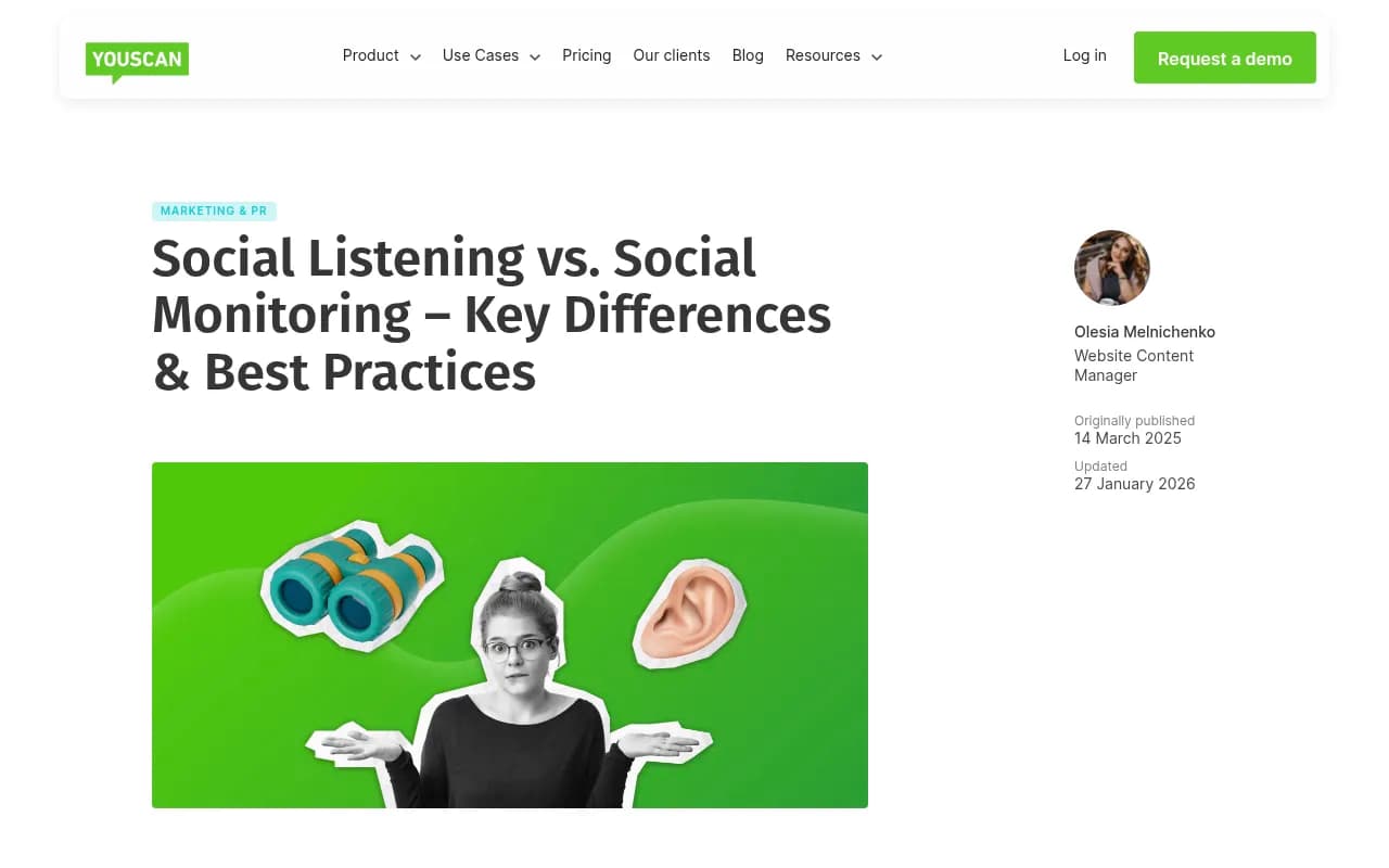 YouScan guide explaining the difference between social listening and social monitoring