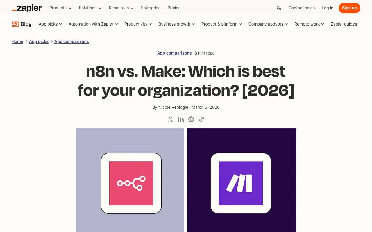 Zapier's comparison of n8n vs Make, showing a detailed breakdown of ease of use, hosting, integrations, and AI capabilities