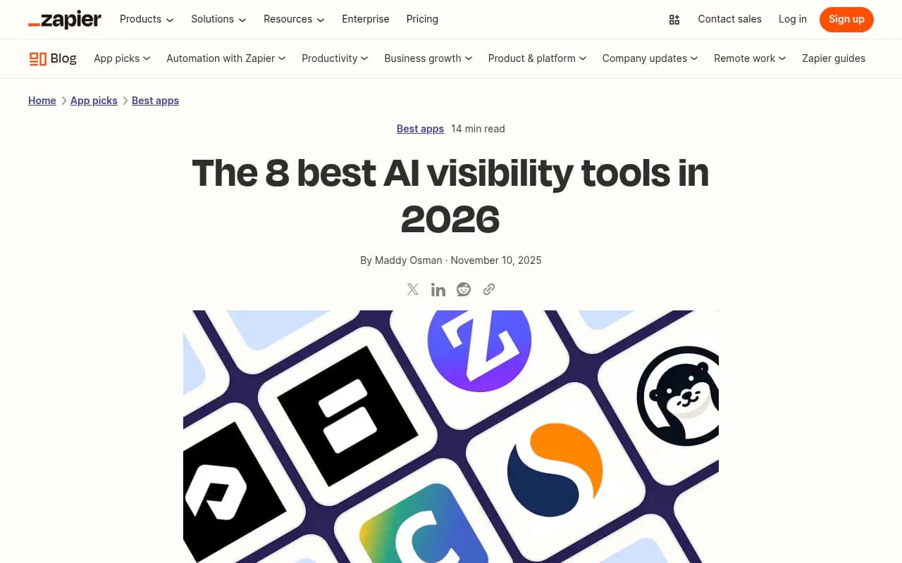 Zapier's roundup of the 8 best AI visibility tools in 2026, showing Peec AI, Profound, Otterly.AI, and ZipTie among the top picks