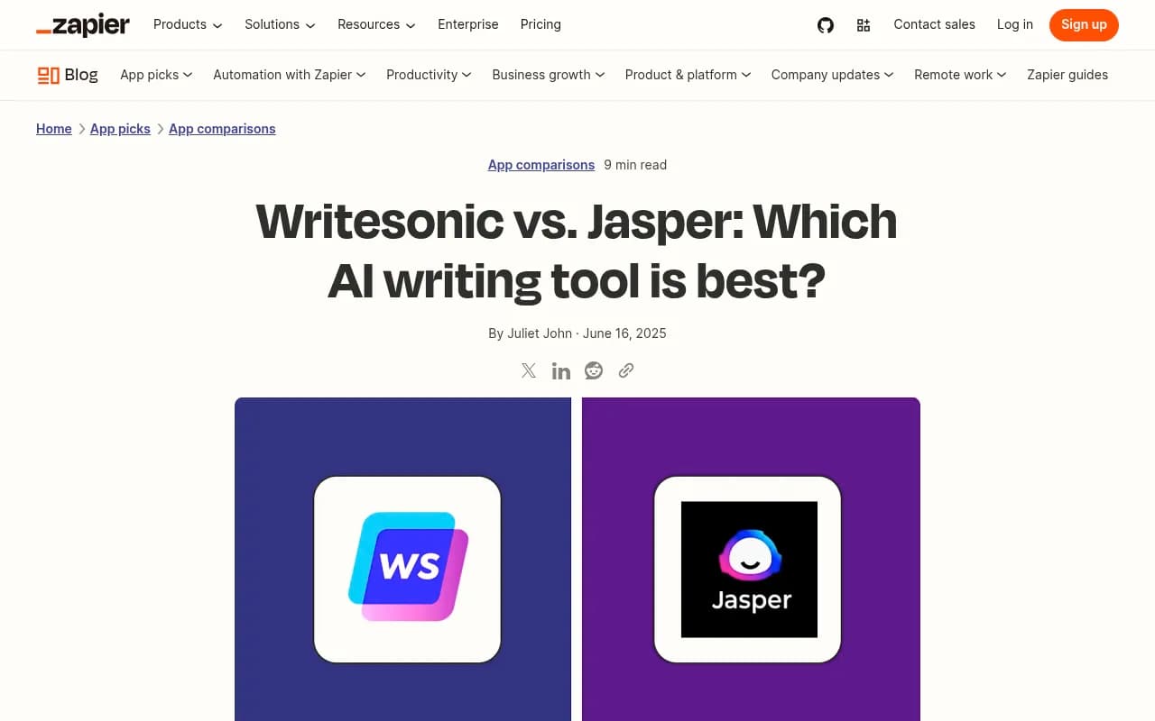 Zapier's comparison of Writesonic vs Jasper AI writing tools, covering SEO features, ease of use, and pricing