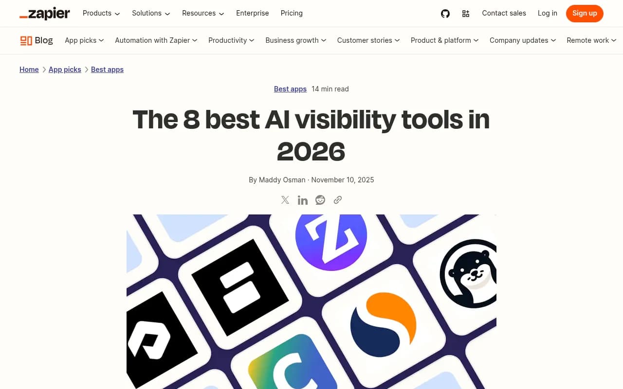 Screenshot of Zapier's roundup of the best AI visibility tools in 2026, showing the established players these three challengers are up against