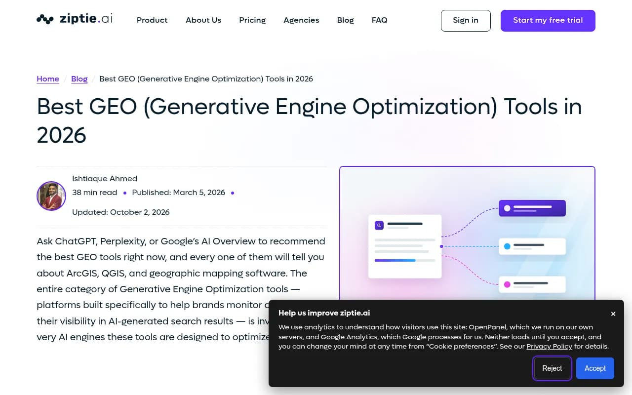 ziptie.ai guide to GEO tools, which opens by separating generative engine optimization from geographic information systems