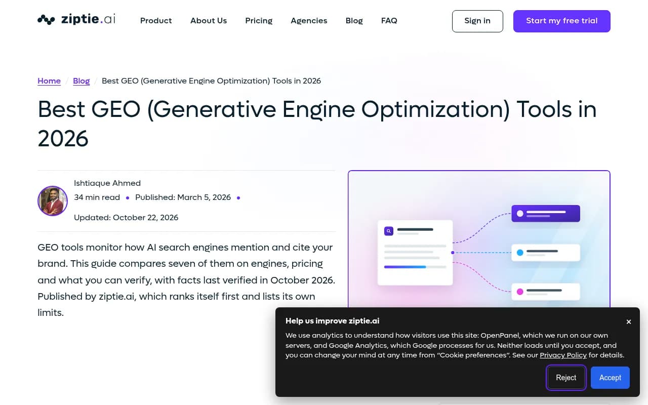 ziptie.ai's comparison of seven GEO tools, published by a vendor that discloses it ranks itself first