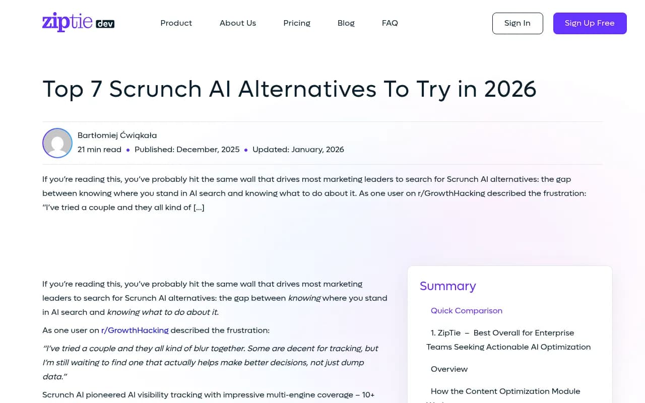 ZipTie.dev's breakdown of Scrunch AI alternatives, showing the gap between monitoring and optimization tools
