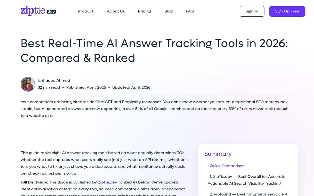 ZipTie's 2026 comparison of best real-time AI answer tracking tools, showing feature breakdown across platforms