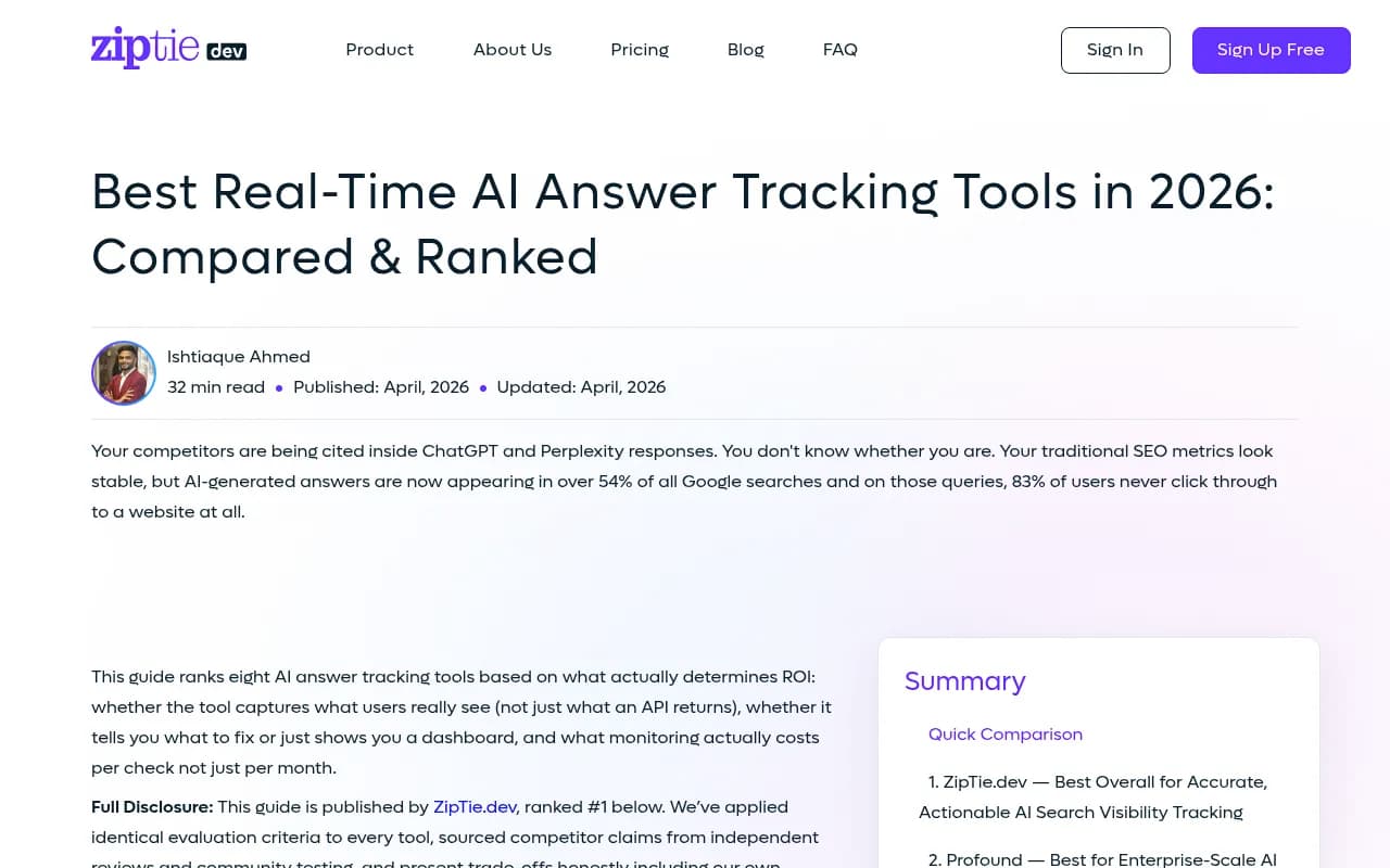 ZipTie AI answer tracking comparison guide showing ranked tools and methodology