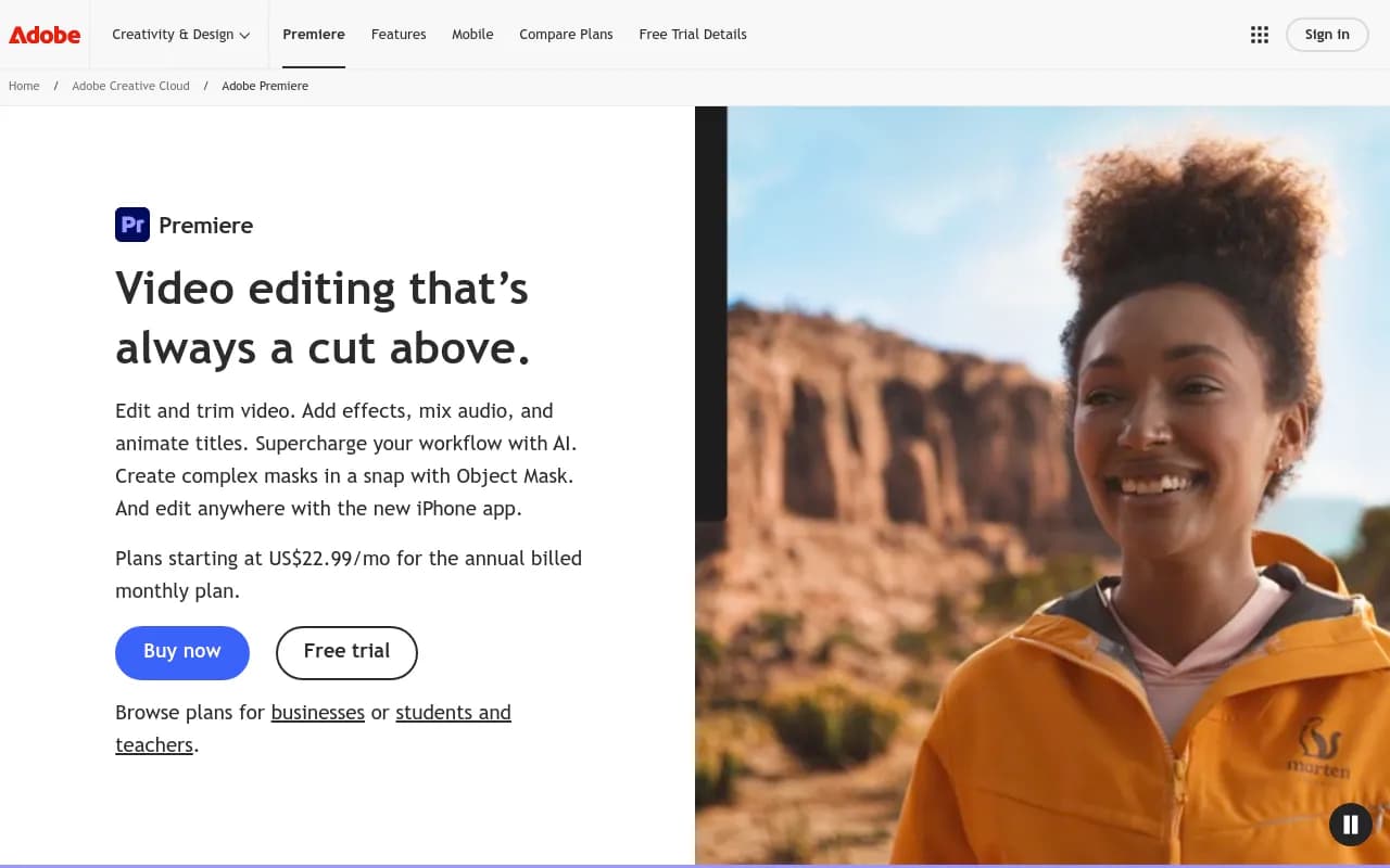 Screenshot of Adobe Premiere Pro website