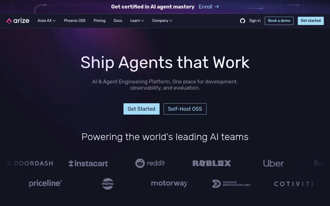 Screenshot of Arize AI website