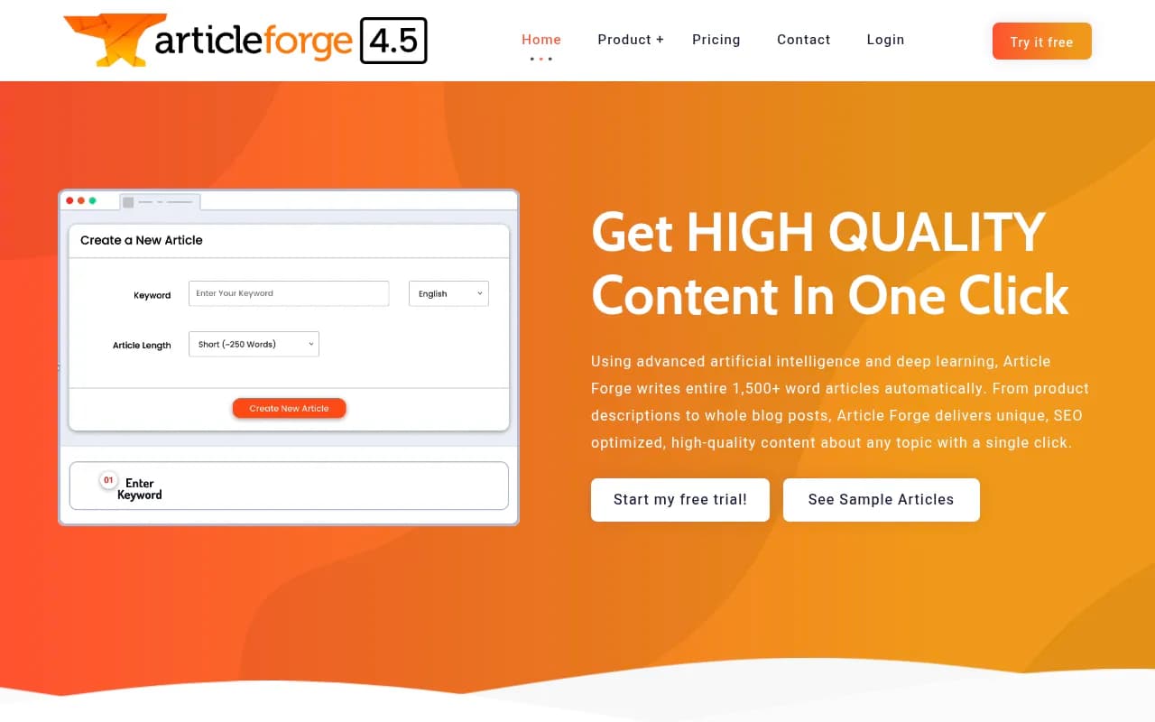 Screenshot of Article Forge website
