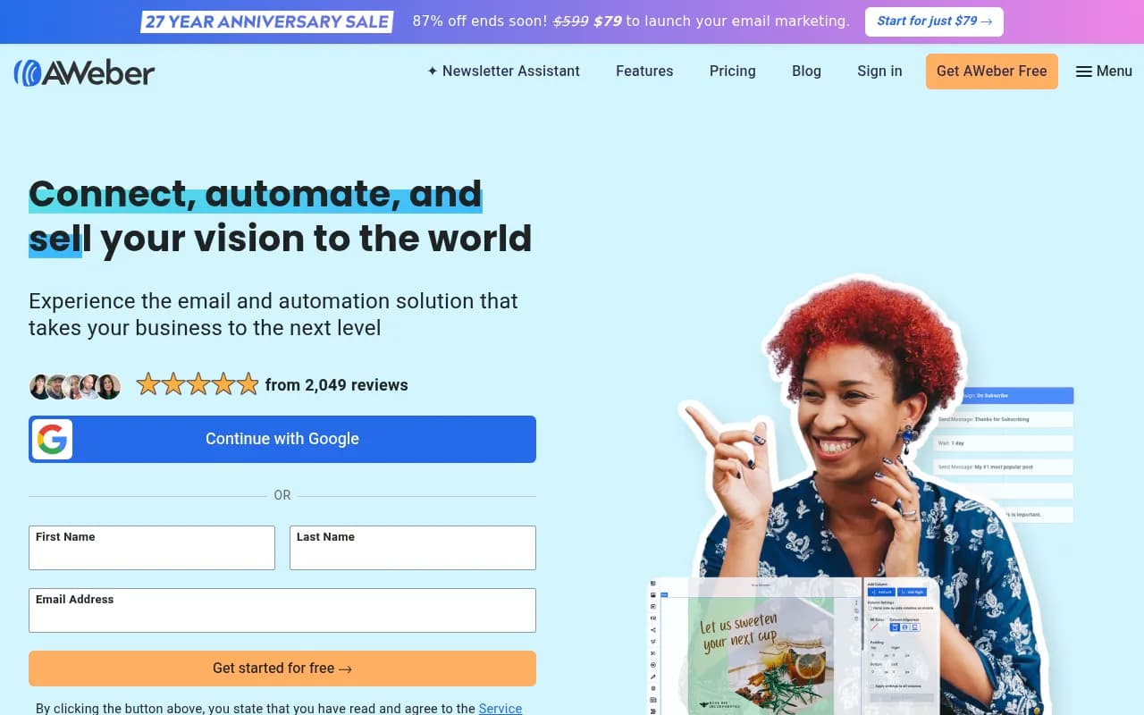 Screenshot of AWeber website