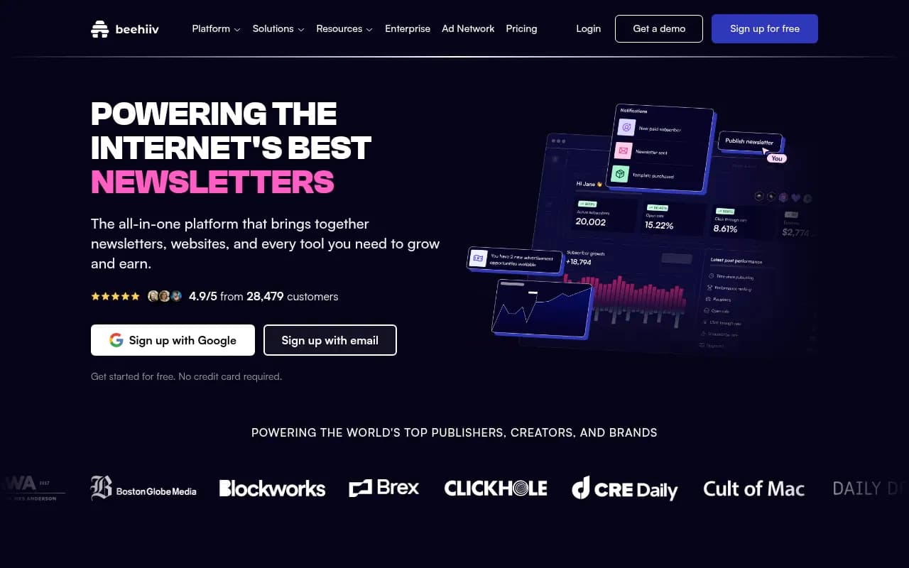 Screenshot of Beehiiv website