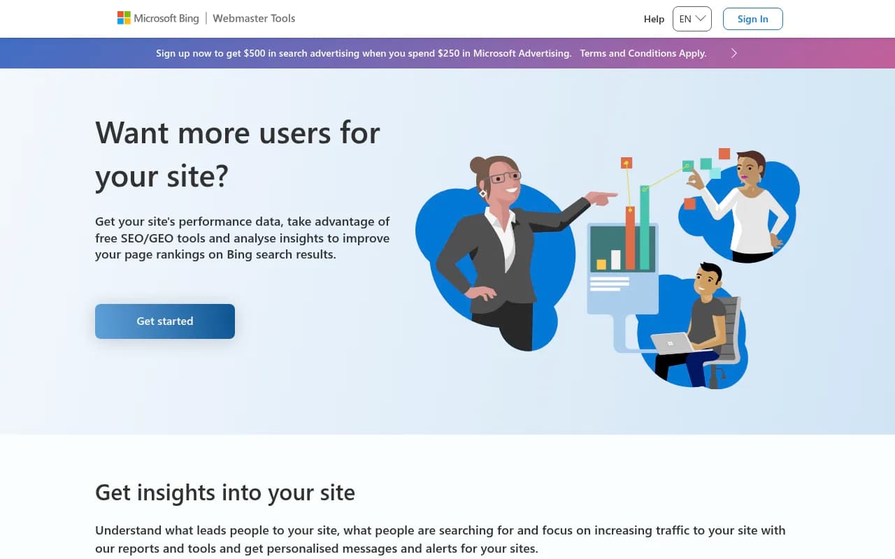 Screenshot of Bing Webmaster Tools website
