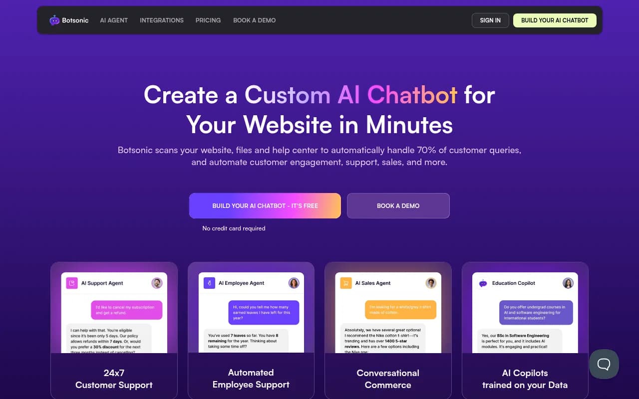 Screenshot of Botsonic website