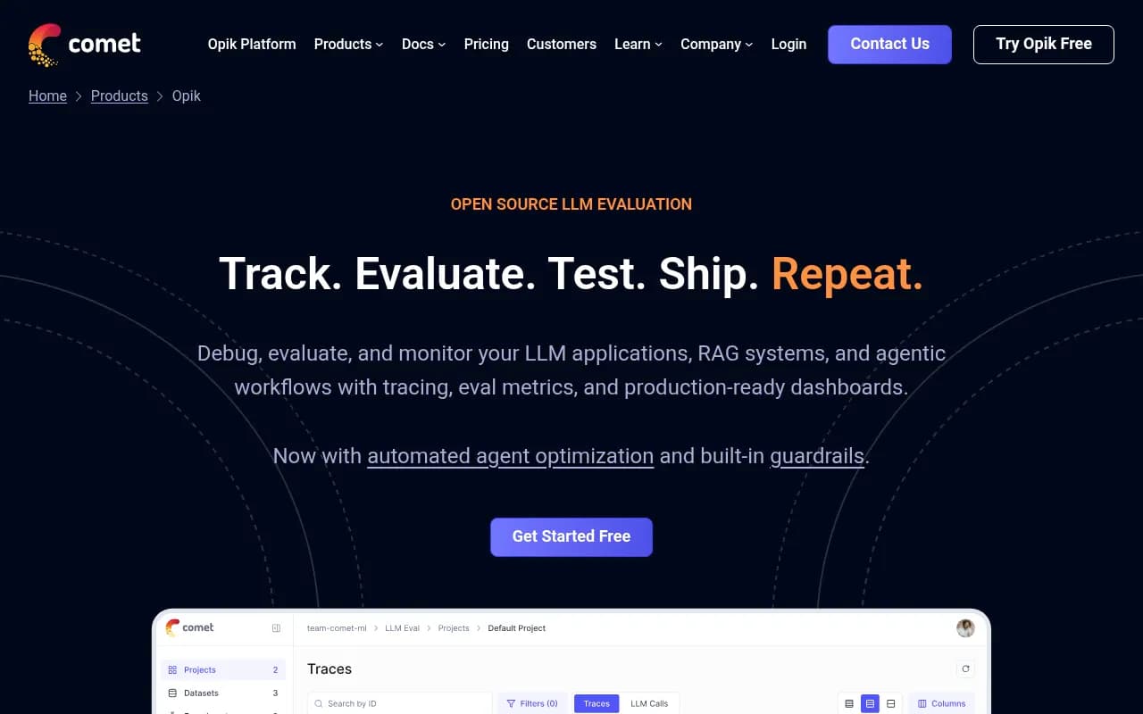 Screenshot of Comet Opik website