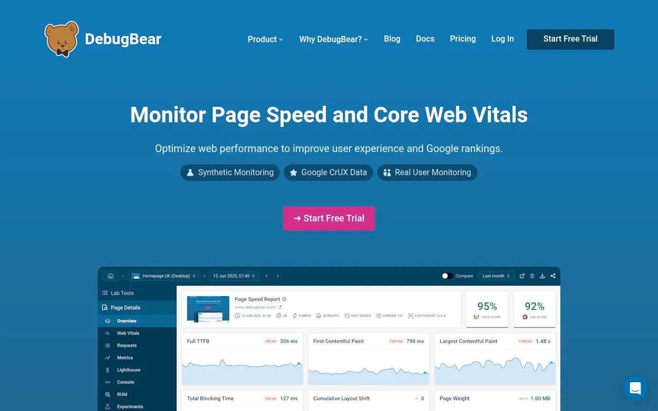 Screenshot of DebugBear website