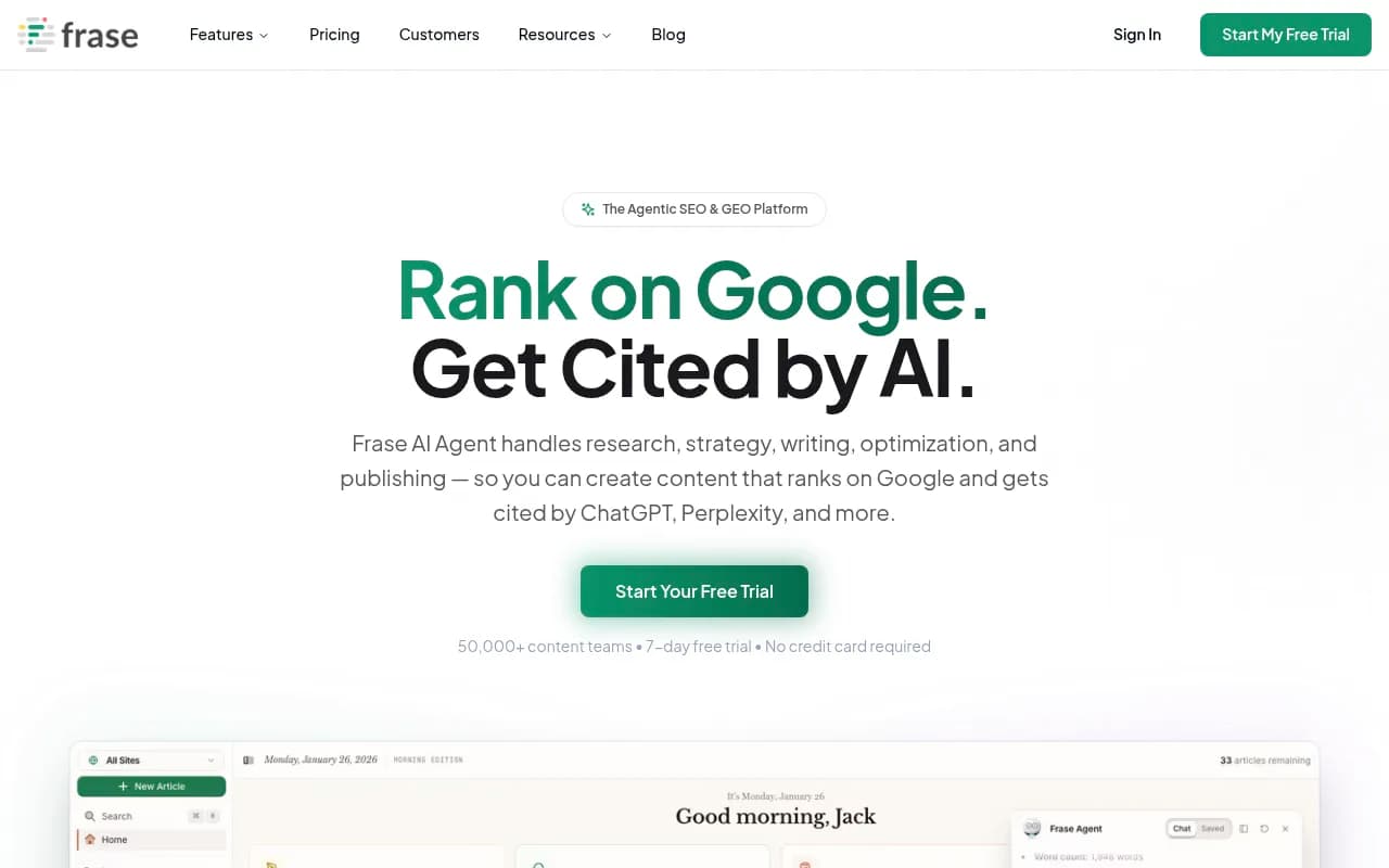 Screenshot of Frase website