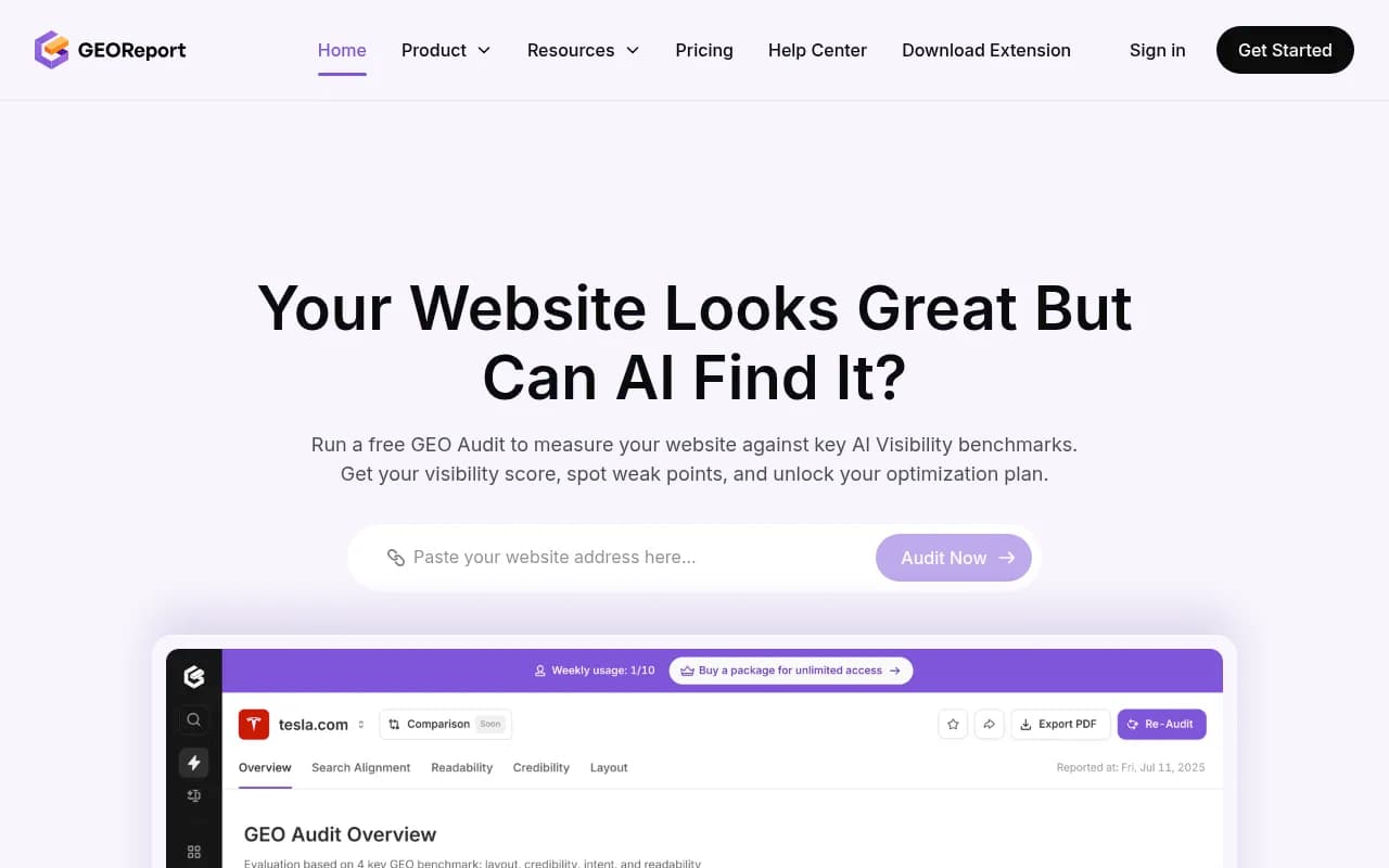 Screenshot of GEOReport.ai website