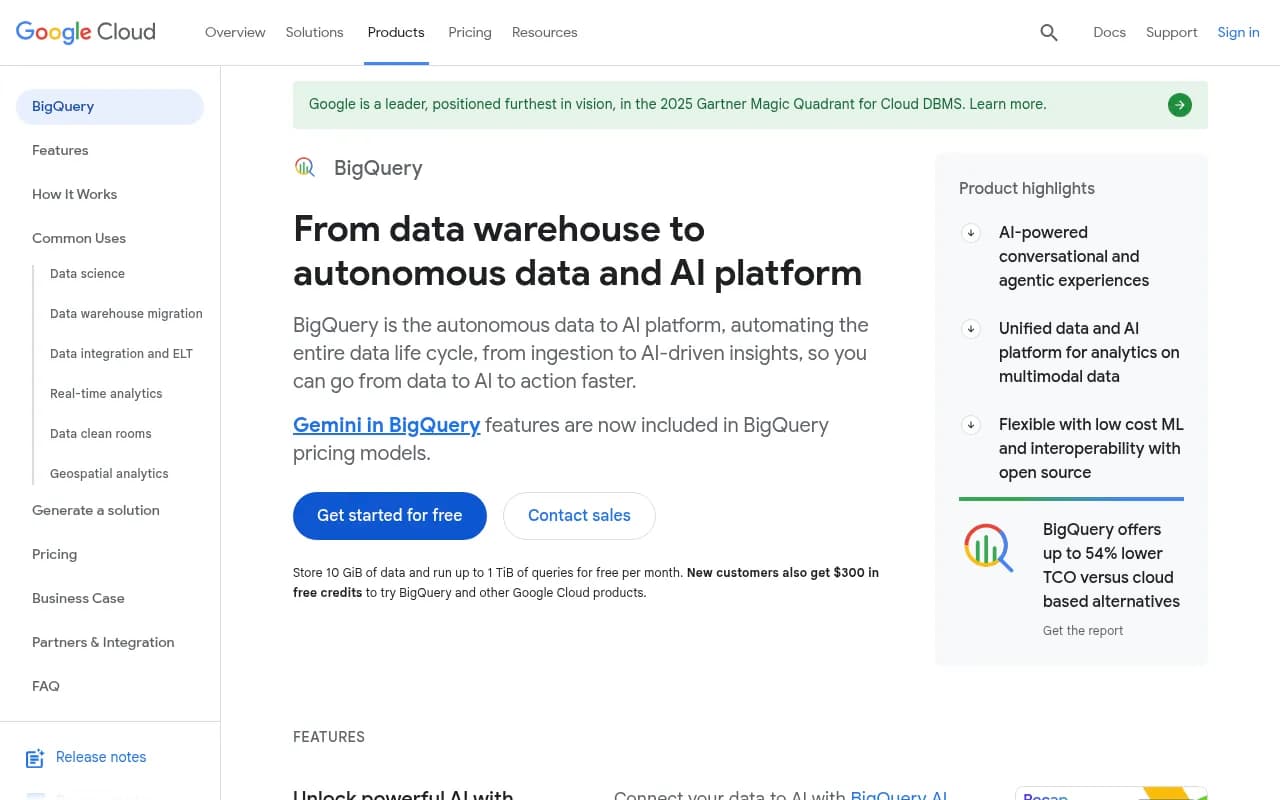 Screenshot of Google Cloud BigQuery website