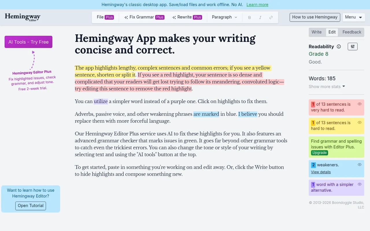 Screenshot of Hemingway Editor website