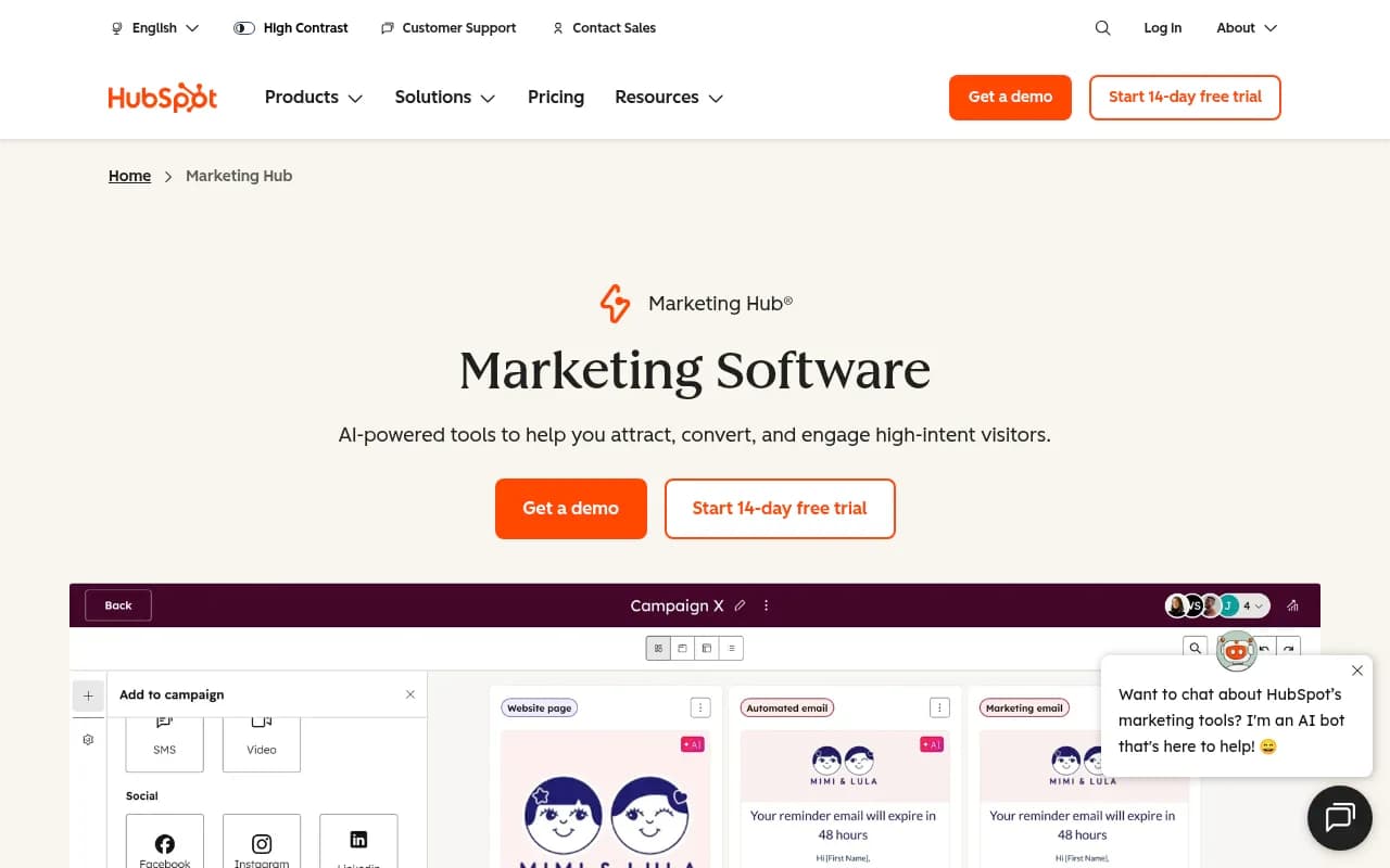 Screenshot of HubSpot Marketing Hub website