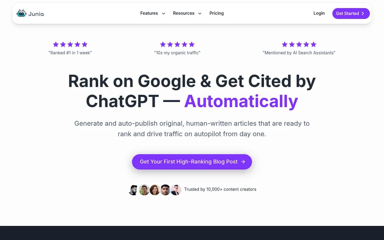 Screenshot of Junia AI website