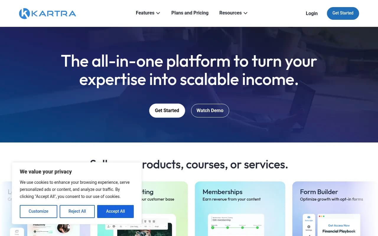 Screenshot of Kartra website
