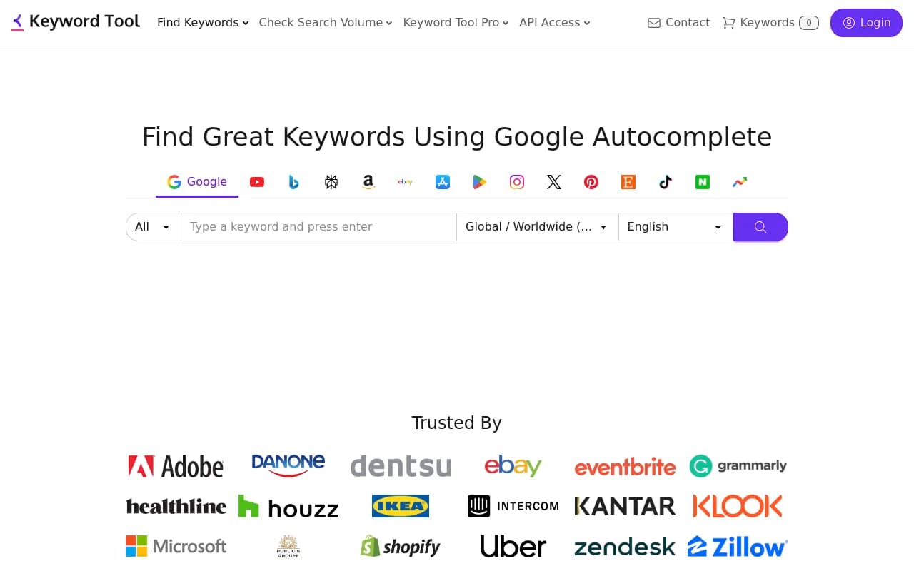 Screenshot of KeywordTool.io website