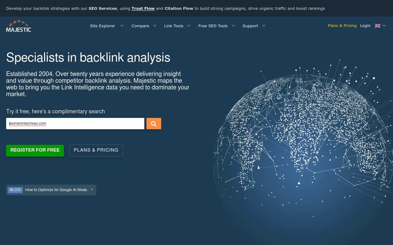 Screenshot of Majestic website