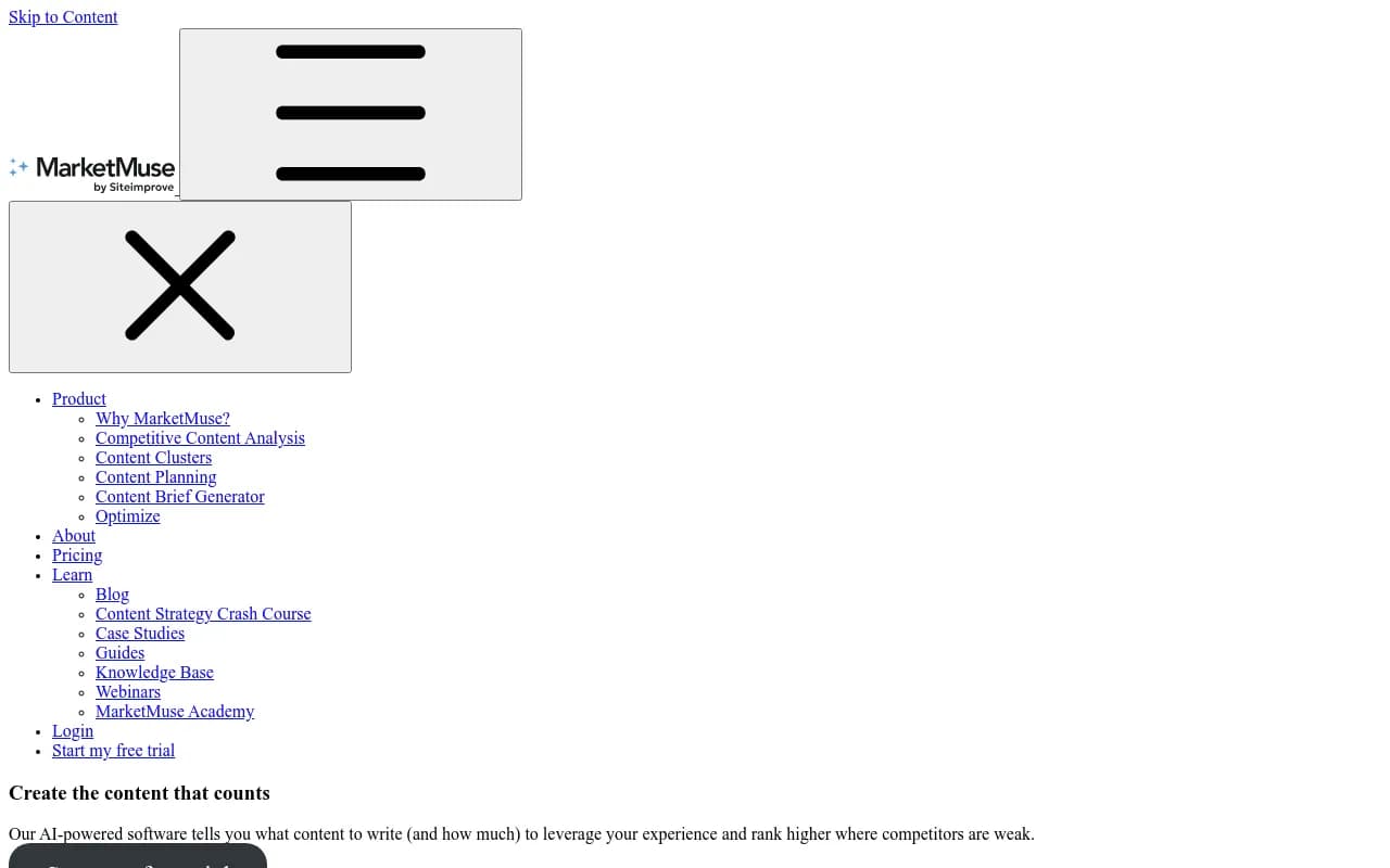 Screenshot of MarketMuse website