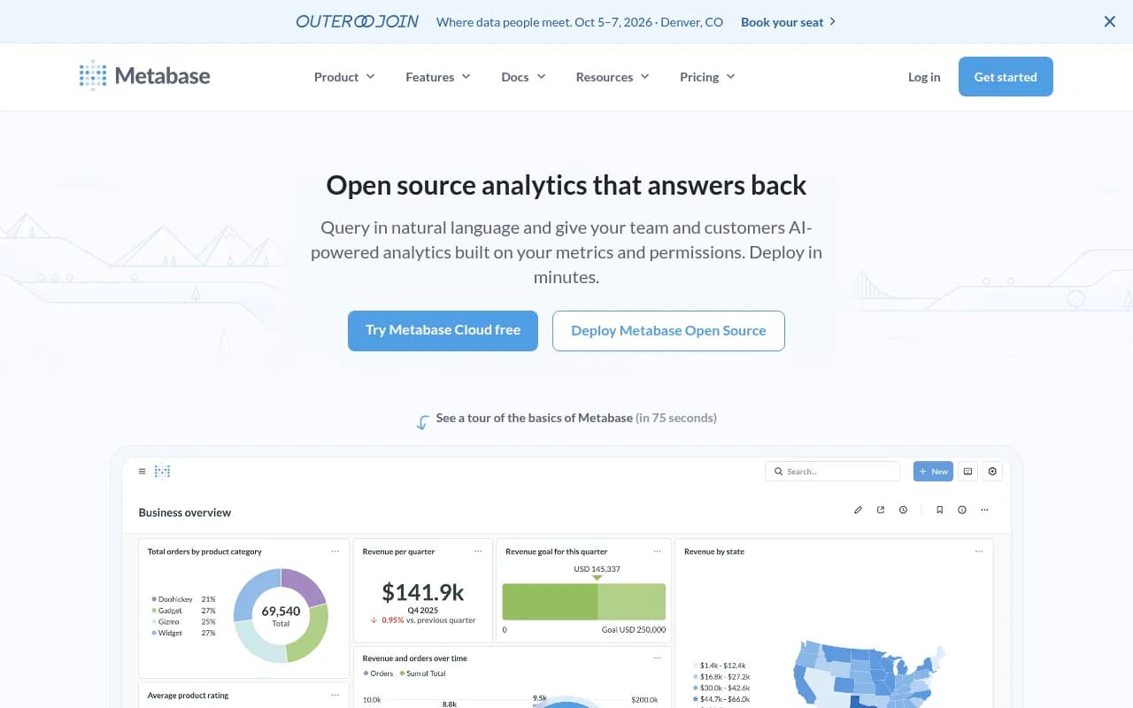Screenshot of Metabase website