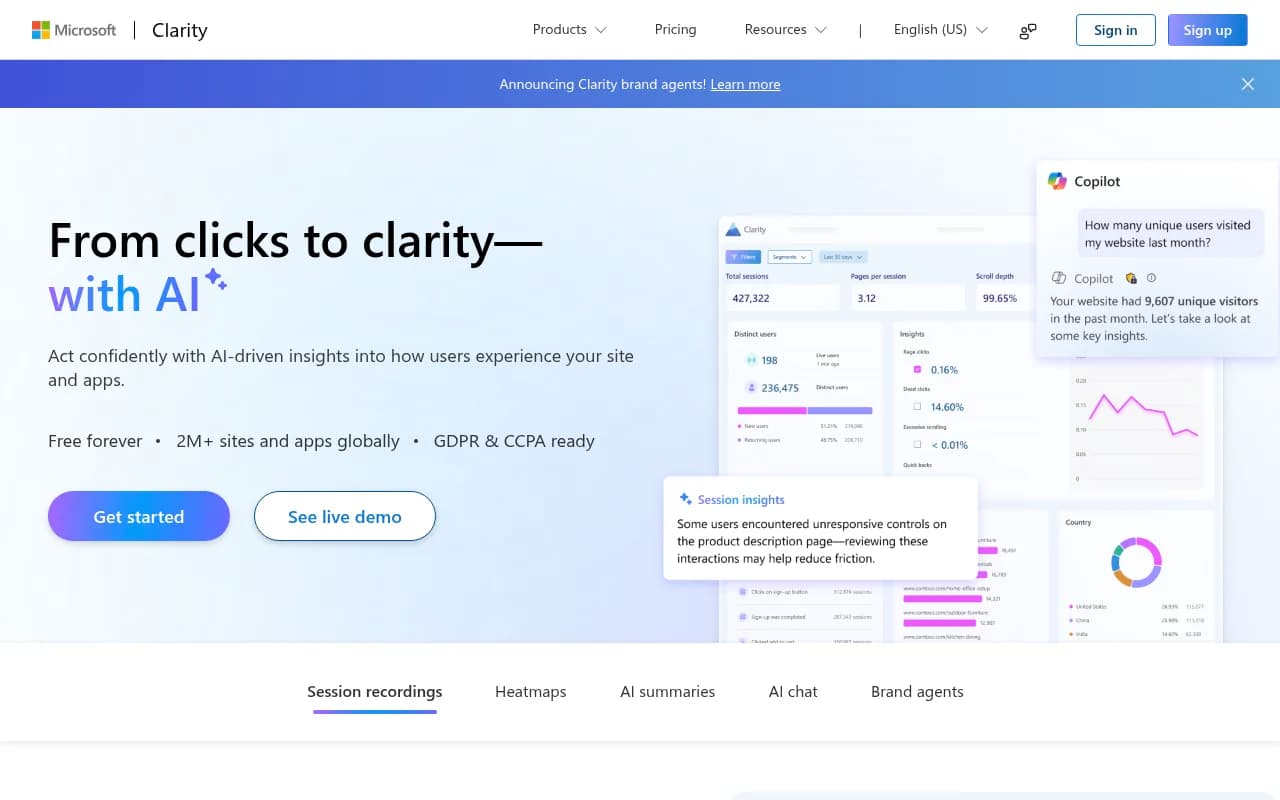 Screenshot of Microsoft Clarity website