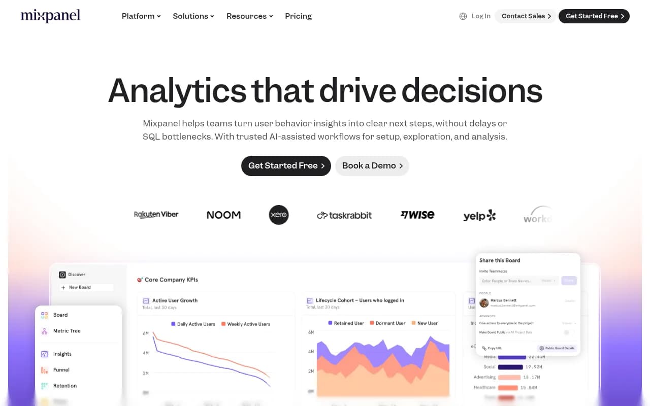 Screenshot of Mixpanel website