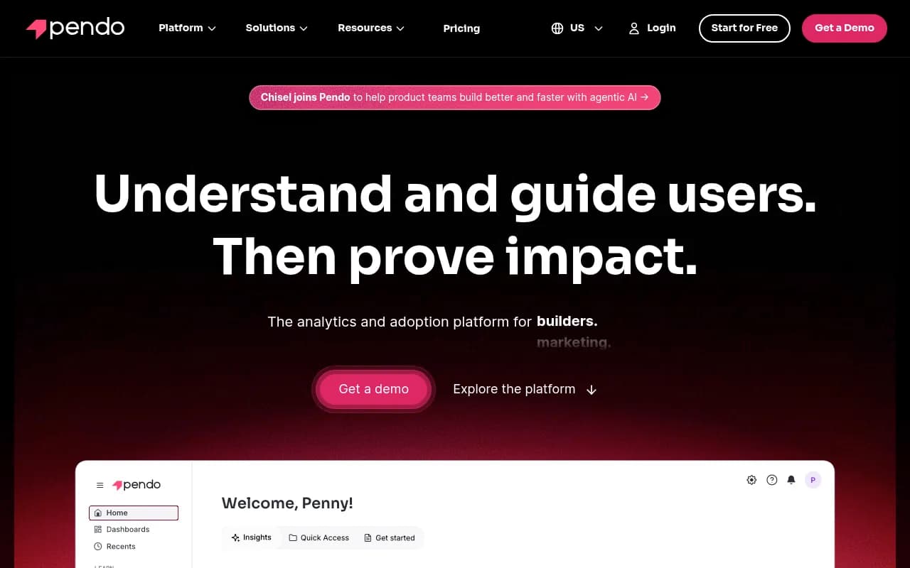Screenshot of Pendo website