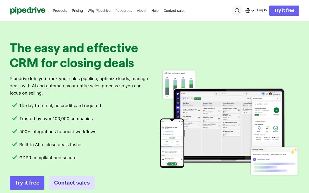 Screenshot of Pipedrive website