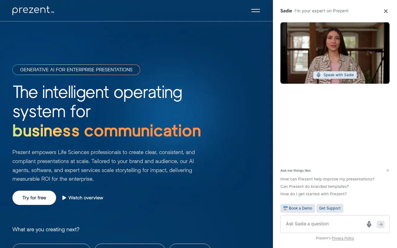 Screenshot of Prezent AI website