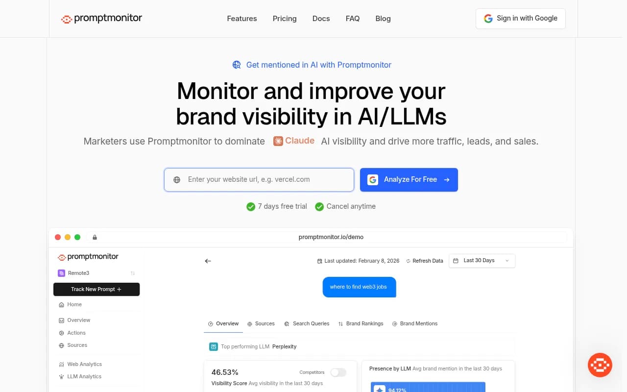Screenshot of Promptmonitor website