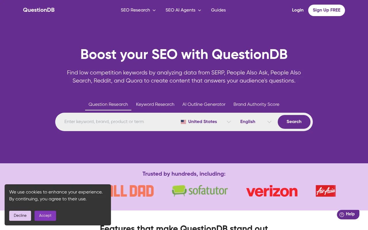 Screenshot of QuestionDB website