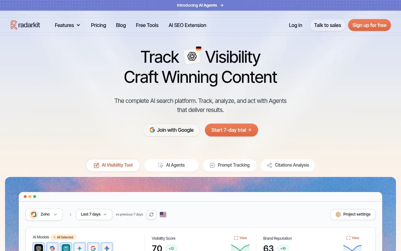 Screenshot of Radarkit AI website