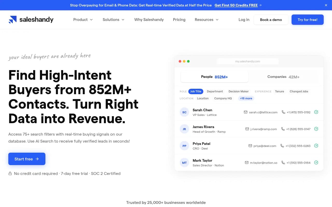 Screenshot of Saleshandy Lead Finder website
