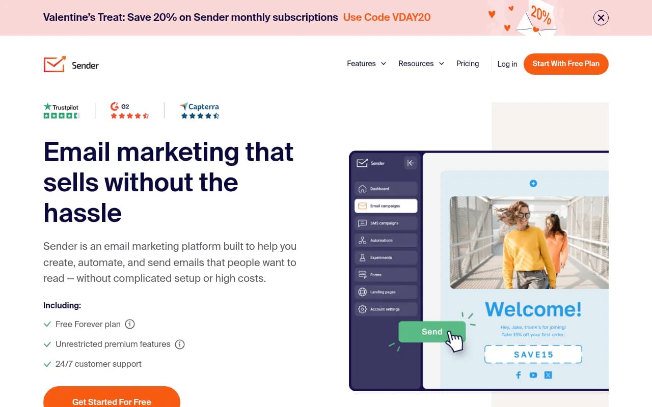 Screenshot of Sender website