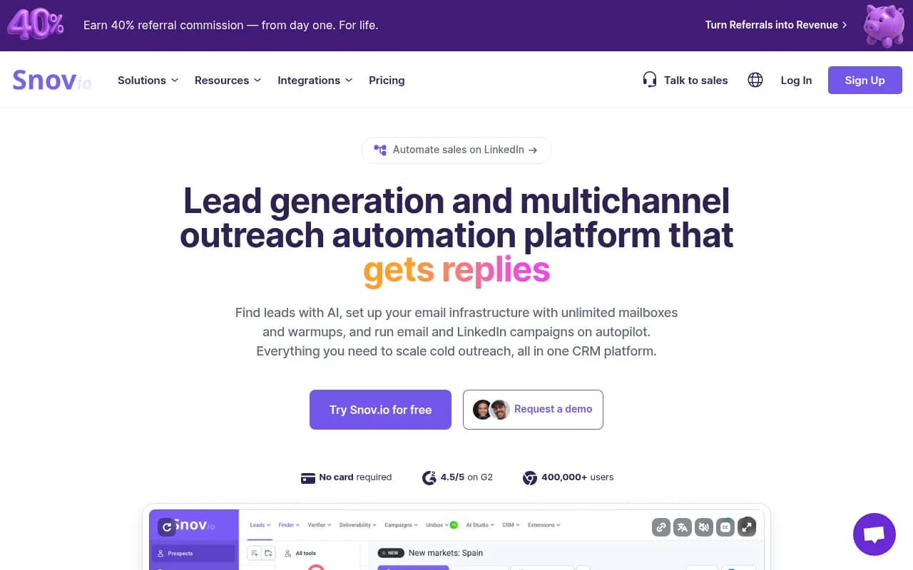 Screenshot of Snov.io website