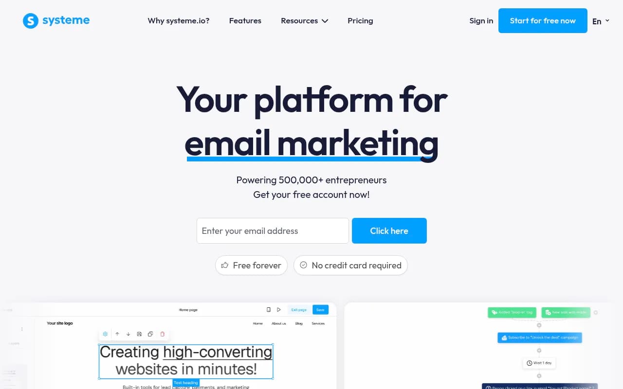 Screenshot of Systeme.io website