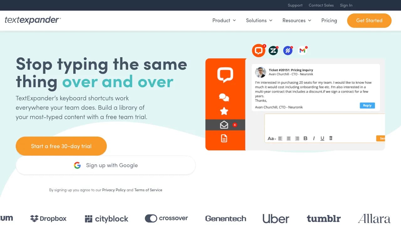 Screenshot of TextExpander website