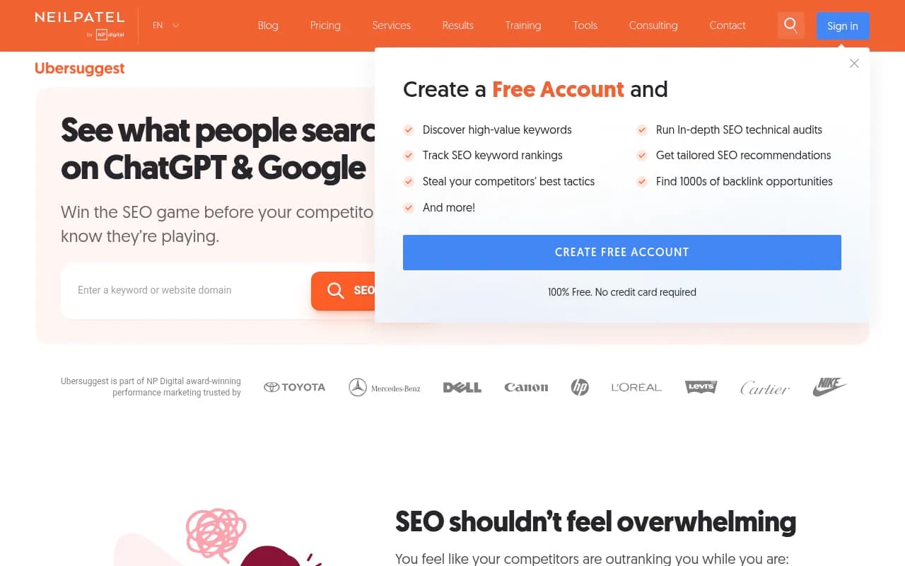 Screenshot of Ubersuggest website