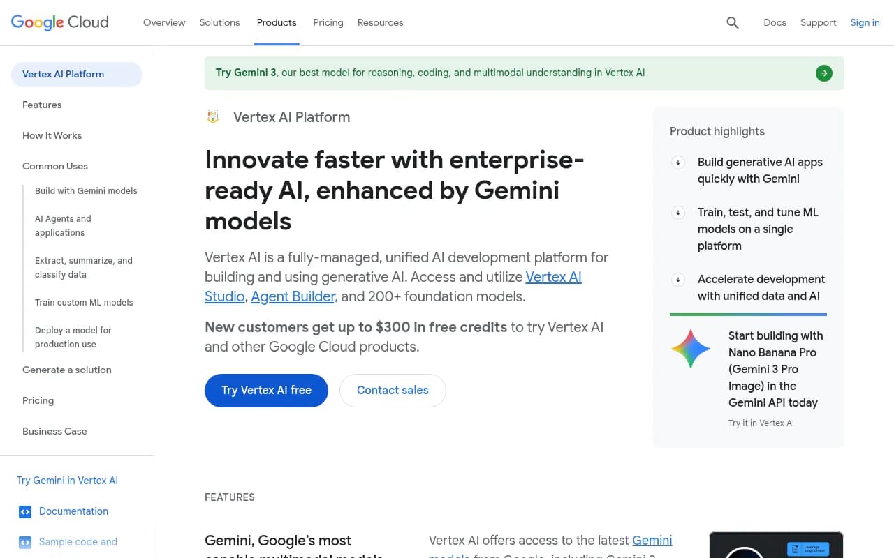 Screenshot of Vertex AI website